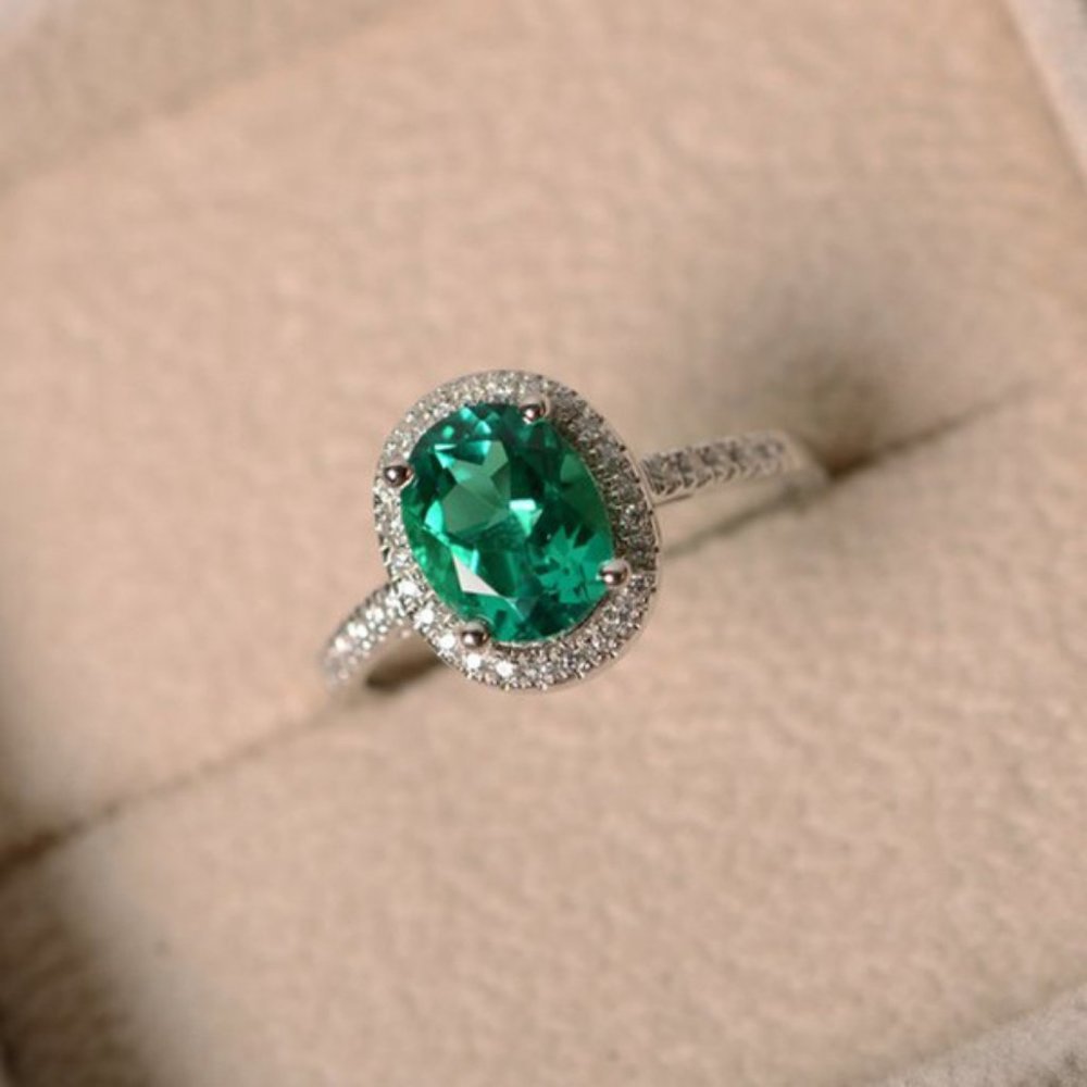 NEW Silver Emerald Diamond Halo Oval Cut Ring - Picture 5 of 6